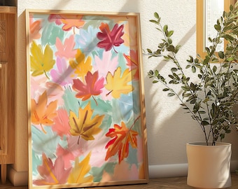Pastel Watercolor Fall Leaves Art Print: Girly Halloween Poster (Digital Download)