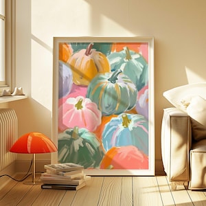 Herbst Kürbisse Wand Kunst Herbst Aquarell Pastell Herbst Farbe Herbst Kürbisse Wand-Dekor Kürbis Pastell Aquarell Girly Halloween Poster Rosa