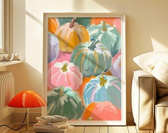 Pastel Pumpkins Watercolor Fall Art Print: Girly Halloween Poster (Digital Download)