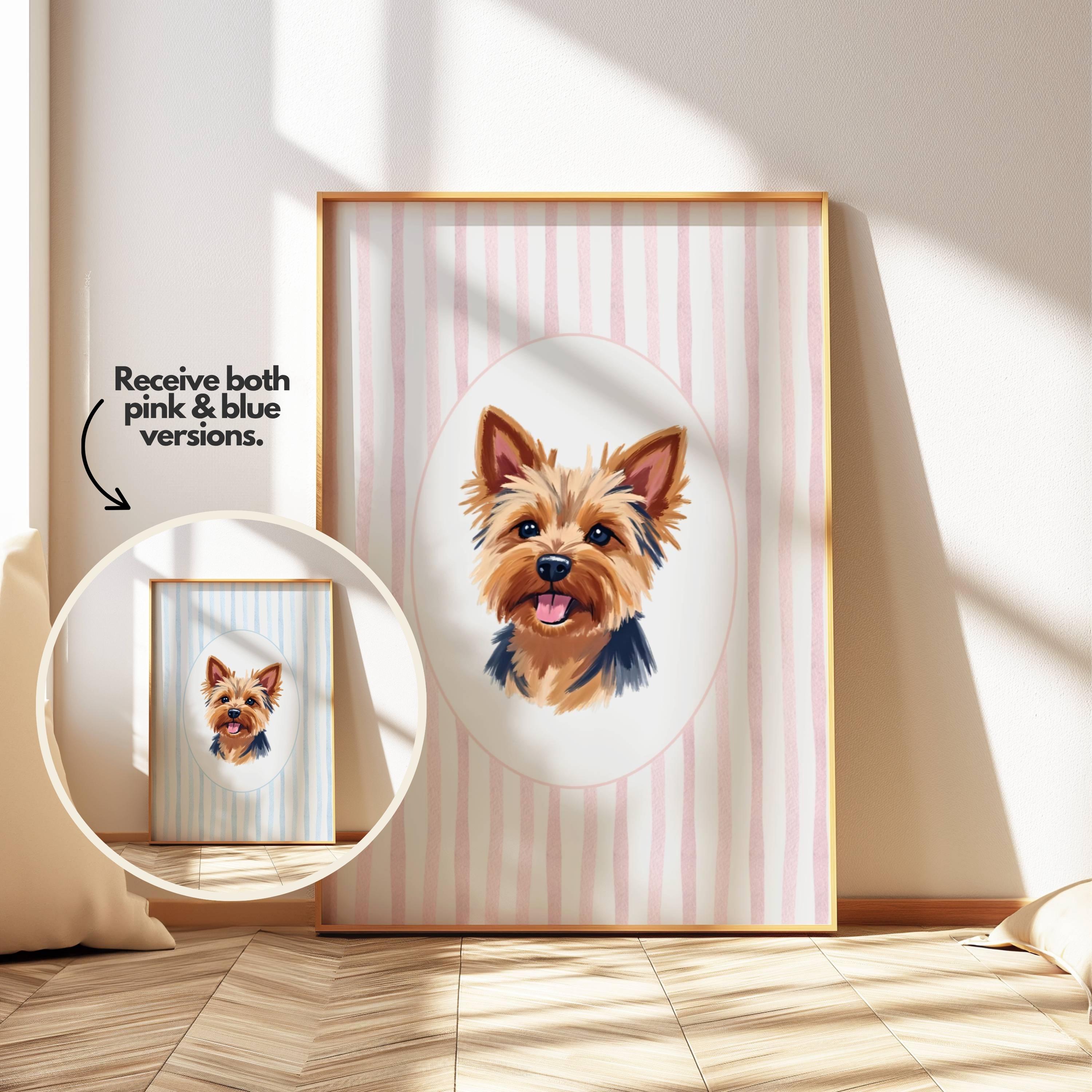 Impression d'art pour chiot chiot yorkshire terrier chien décoration murale pour chambre de bébé fille ou garçon aquarelle en téléchargement numérique enfants affiche d'animal de chien de compagnie