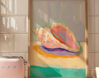 Conch Shell Wall Art, Pastel Coastal Print, Colorful Seashell Decor, Beach House Printable