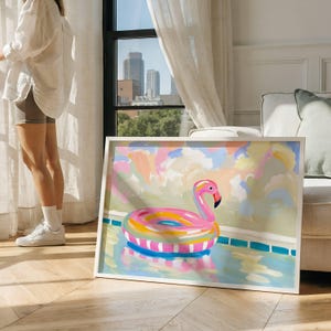 Summer Aesthetic Poster, Pastel Watercolor Pool Float Print, Flamingo Pool Wall Art Printable, Pink Preppy Room Decor