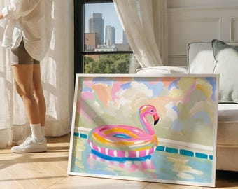Summer Aesthetic Poster, Pastel Watercolor Pool Float Print, Flamingo Pool Wall Art Printable, Pink Preppy Room Decor