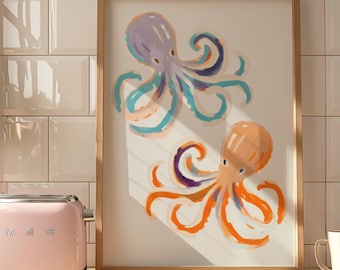 Lámina decorativa de pulpo en tonos pastel, decoración náutica para baño, lámina de acuarela oceánica, póster para casa de playa costera, descarga digital.