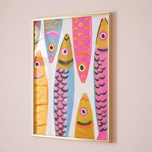 Colorful pastel sardine wall art featuring watercolor fish on an off-white background, printable coastal kitchen decor for Mediterranean homes, beach house kitchens, dining room wall art, nautical decor, Hamptons style interiors, seafood lover gift, colorful fish illustration, instant digital download printable artwork.