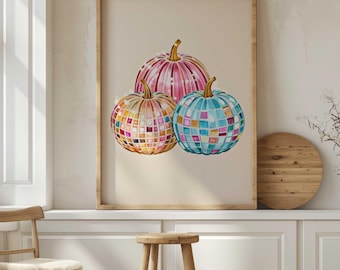 Stampa artistica acquerello di zucca con palla da discoteca: decorazione autunnale retrò (download digitale)