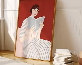 Abstract Woman Reading Wall Art, Geometric Book Lover Print, Minimalist Library Decor, Modern Feminine Printable Art