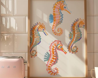 Lámina decorativa de caballito de mar para pared, decoración oceánica original, obra de arte para habitación infantil con temática costera, póster de acuarela de vida marina, descarga digital para casa de playa.