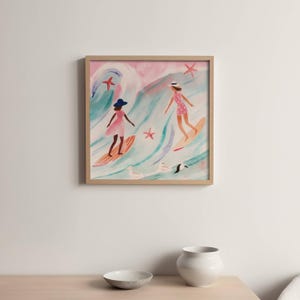 Pastel Surf Art Print: Retro Coastal Cowgirl Wave Riders (Digital Download)