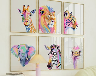 Láminas coloridas de animales de safari: Set de decoración de pared para la habitación infantil (Descarga digital)