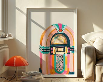 Retro Jukebox Wall Art Print, Vintage Music Poster, Colorful