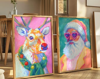 Funky Santa Art Print Set: Pink and Blue Christmas Decor (Digital Download)