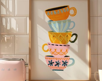 Stacked Tea Cups Wall Art Print, Tea Party Decor, Grandmillennial Kitchen Art, Colorful Cottagecore Printable, Tea Lover Gift