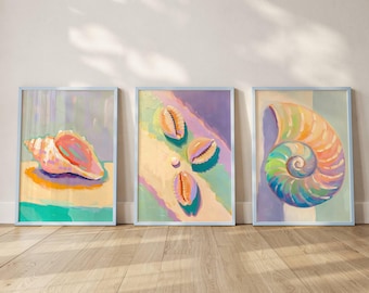 Seashell Wall Art Set of 3, Colorful Coastal Prints, Pastel Beach House Decor, Printable Gallery Wall