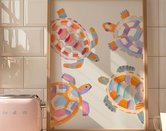 Colorful Sea Turtle Wall Art, Coastal Decor Print, Tortoise Wall Art, Beach House Wall Decor, Pastel Ocean Animal Poster