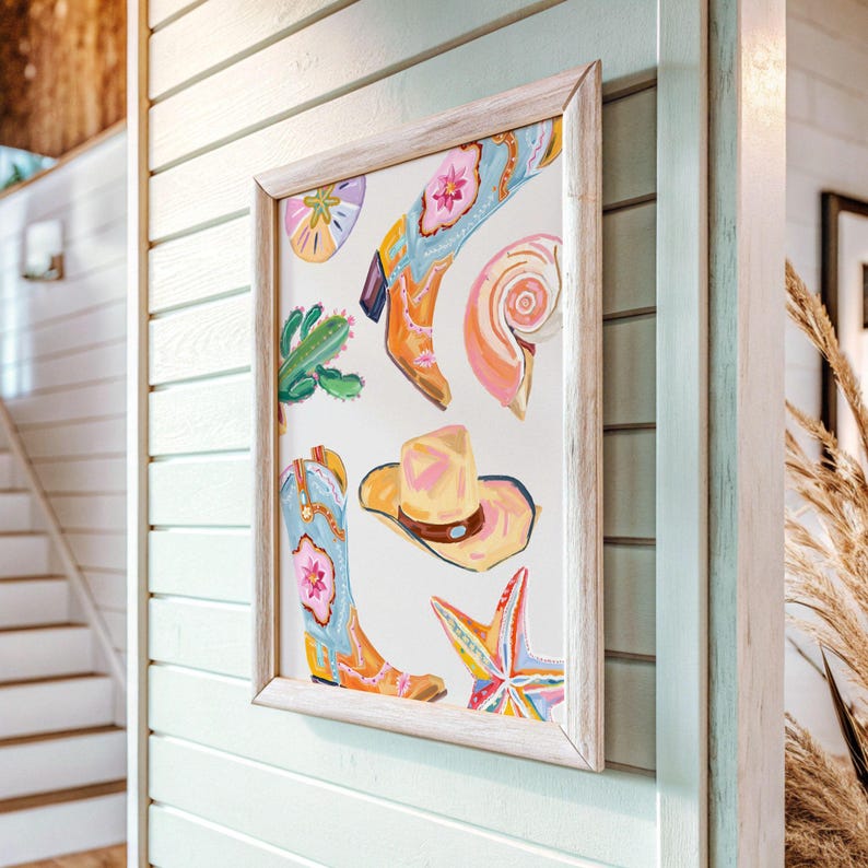 Coastal Cowgirl Wall Art Coastal Beach House Wall Art Print Oyster Shell Painting Colorful Pastel Abstract Beach Print Cowgirl Coquette Art