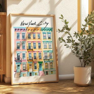 Watercolor New York City Art Print: Pastel NYC Row Houses (Digital Download)
