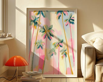 Palm Tree Wall Art Printable Vertical, Coastal Tropical Decor, Pastel Watercolor Palm Print, Beach House Narrow Wall Art