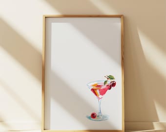 Cherry Martini Aquarell Druck: Girly Bar Servierwagen Dekor (Digitaler Download)