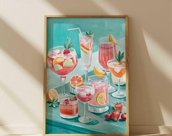 May include: A painting of a group of colorful cocktails with fruit garnishes, set against a turquoise background. The cocktails are in various glasses, including a tall glass with a straw, a coupe glass, and a lowball glass. The painting is framed in a light wood frame.