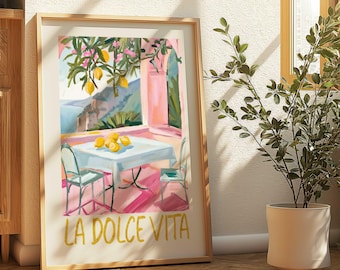 May include: A painting of a patio scene with a table and chairs set for a meal. The table is covered with a white tablecloth and there are lemons on the table. The patio is surrounded by a pink wall and a lemon tree. The painting is titled "La Dolce Vita".
