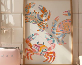 Colorful Crab Wall Art, Watercolor Coastal Print, Beach House Decor
