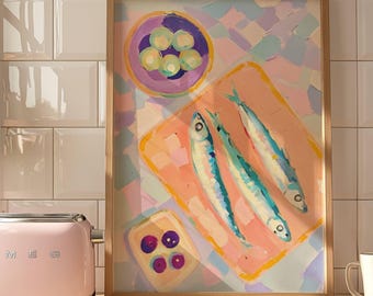 Sardine Wall Art, Mediterranean Fish Print, Olive Kitchen Decor, Coastal Watercolor Printable
