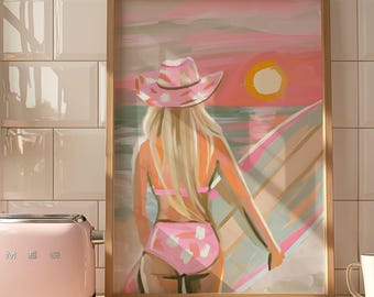Coastal Cowgirl Wall Art Printable, Blonde Surfer Girl Sunset Painting, Pastel Beach Watercolor, Western Coastal Decor Digital Download