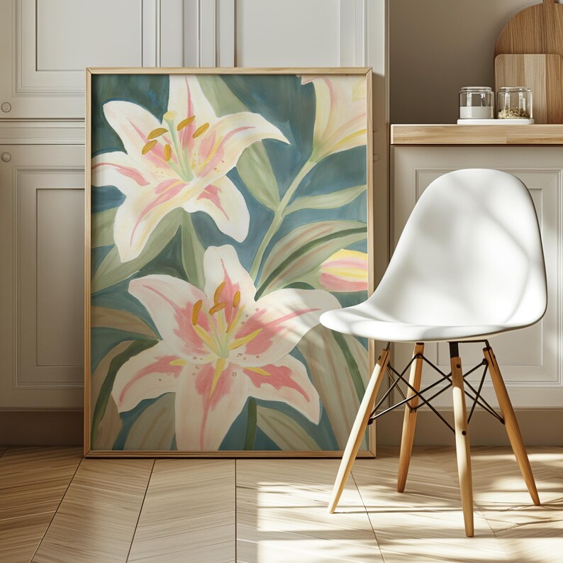 Lilies Wall Art Floral Still Life Painting Maximalist Indie Print Cottagecore Retro Eclectic Wall Art Floral Digital Print Dopamine Decor 01