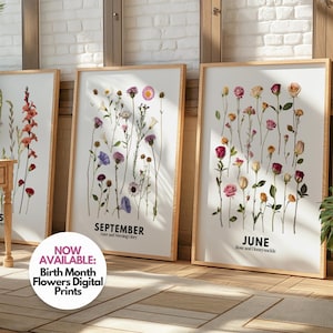 Arte de pared con flores del mes de nacimiento Impresiones de arte digital con flores prensadas Arte de pared botánico Decoración floral moderna Decoración de dopamina Arte de pared del mes de nacimiento