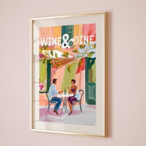 Wino i kolacja La Dolce Vita Print Amalfi Włochy Malowane Sztuka cyfrowa Kolorowa sztuka ścienna z Włoch Stare pieniądze Estetyczne wydruki na wózkach barowych Preppy Stuff