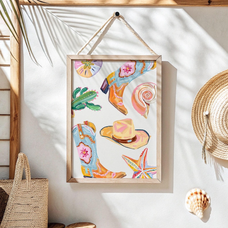 Coastal Cowgirl Wall Art Coastal Beach House Wall Art Print Oyster Shell Painting Colorful Pastel Abstract Beach Print Cowgirl Coquette Art