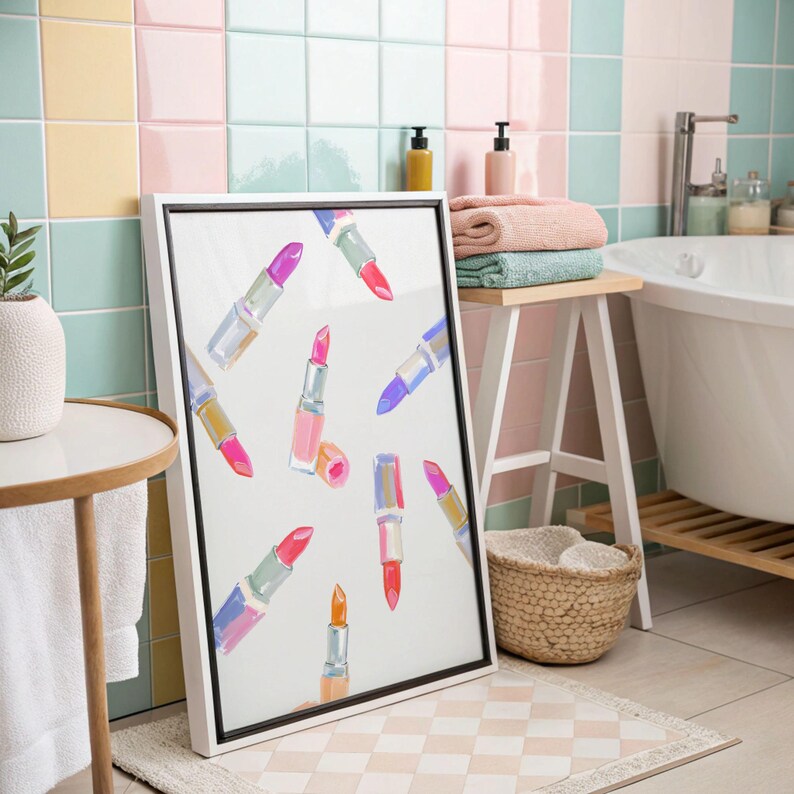 Digital download of pink lipstick wall art print in watercolor style, perfect for girly room decor, coquette aesthetic, preppy dorm style, and college apartment decorations. Features a collection of elegant lipsticks in various shades, ideal makeup poster for beauty lovers. Feminine and chic fashion wall art for teen bedroom, vanity area, glam room, or salon. Printable makeup decor to instantly elevate your space with soft, stylish beauty illustrations.