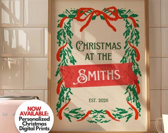 Personalized Christmas Family Name Poster, Custom Surname Printable Wall Art