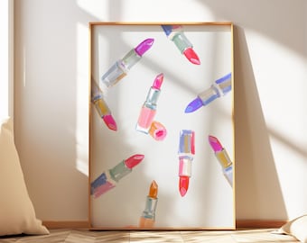 Pink Lipstick Watercolor Print: Girly Coquette Room Decor (Digital Download A2-A6 JPEG 300dpi )