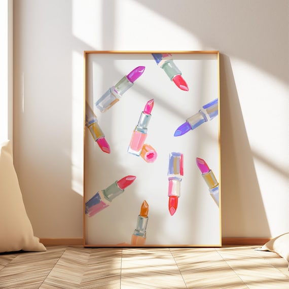 Pink Lipstick Watercolor Print: Girly Coquette Room Decor (Digital Download A2-A6 JPEG 300dpi )