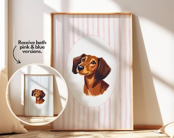 Art imprimable chiot teckel, décoration murale chien rose et bleu, téléchargement numérique pour chambre de bébé, impression animalière pour chambre d&#39;enfants ou salle de jeux