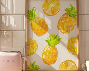 Cuadro decorativo de piña para cocina, lámina de acuarela con estampado de frutas, decoración tropical vintage para cocina, póster para comedor costero, descarga digital.