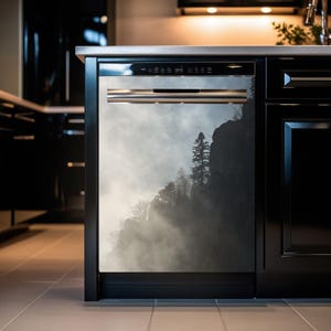 Foggy mountains dishwasher cover magnet, foggy forest art kitchen dishwasher magnet cover wrap, moody forest print enchanted forest art