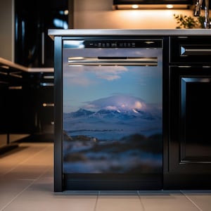 Winter photography dishwasher cover magnet, blue foggy mountains artwork kitchen dishwasher magnet cover wrap, winter print appliance cover