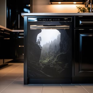 Foggy mountains dishwasher cover magnet, foggy forest art kitchen dishwasher magnet cover wrap, moody forest print enchanted forest art