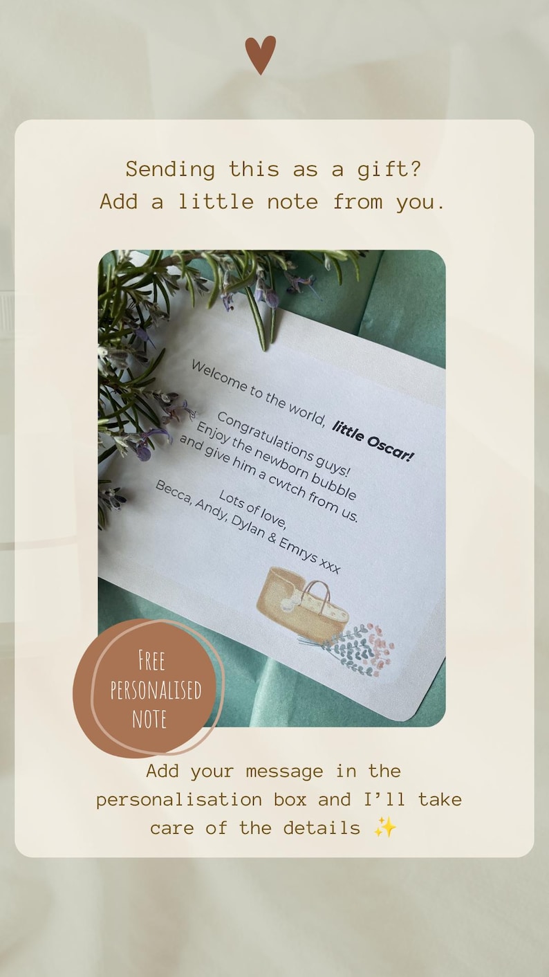 May include: A personalized note for a gift, with text that reads "Welcome to the world, little Oscar!" and "Congratulations guys!" The note is surrounded by greenery and a brown circle with the words "FREE PERSONALISED NOTE".