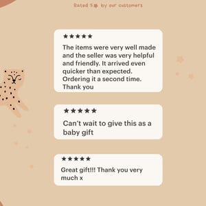 May include: A beige graphic with the text "Loved as a gift" and customer reviews. The reviews are in white boxes and include phrases like "very well made" and "Great gift!!!". The image also features illustrations of cheetahs.