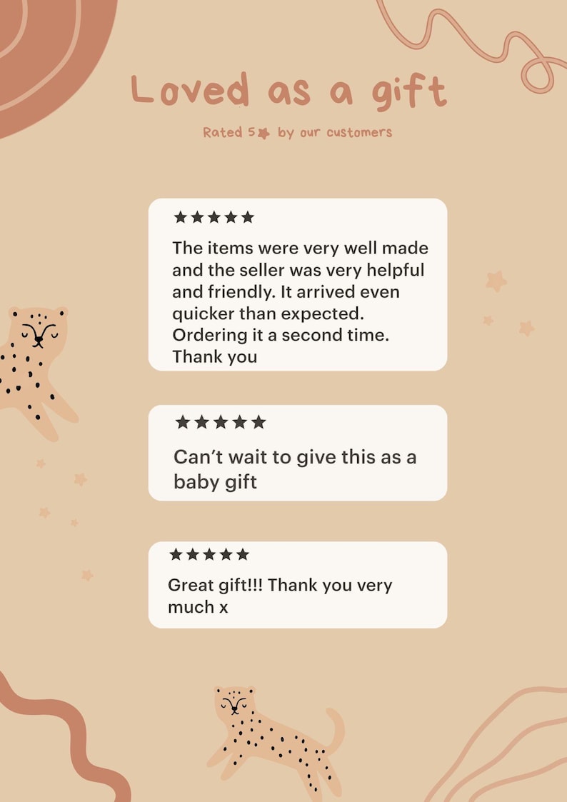 May include: A beige graphic with the text "Loved as a gift" and customer reviews. The reviews are in white boxes and include phrases like "very well made" and "Great gift!!!". The image also features illustrations of cheetahs.