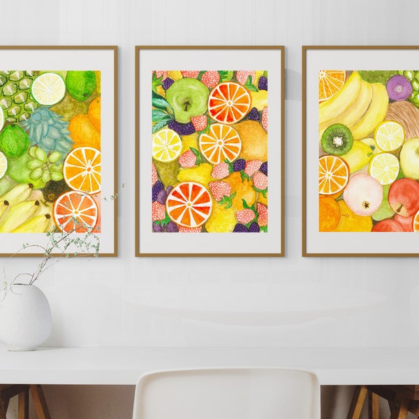 Set of 3 Fruit Prints, Fruit Watercolor Wall Art, Floral, Apples, Grapes, Oranges, Lemons, Ananas, Lime, Strawberrie, Wall Decor, Digital