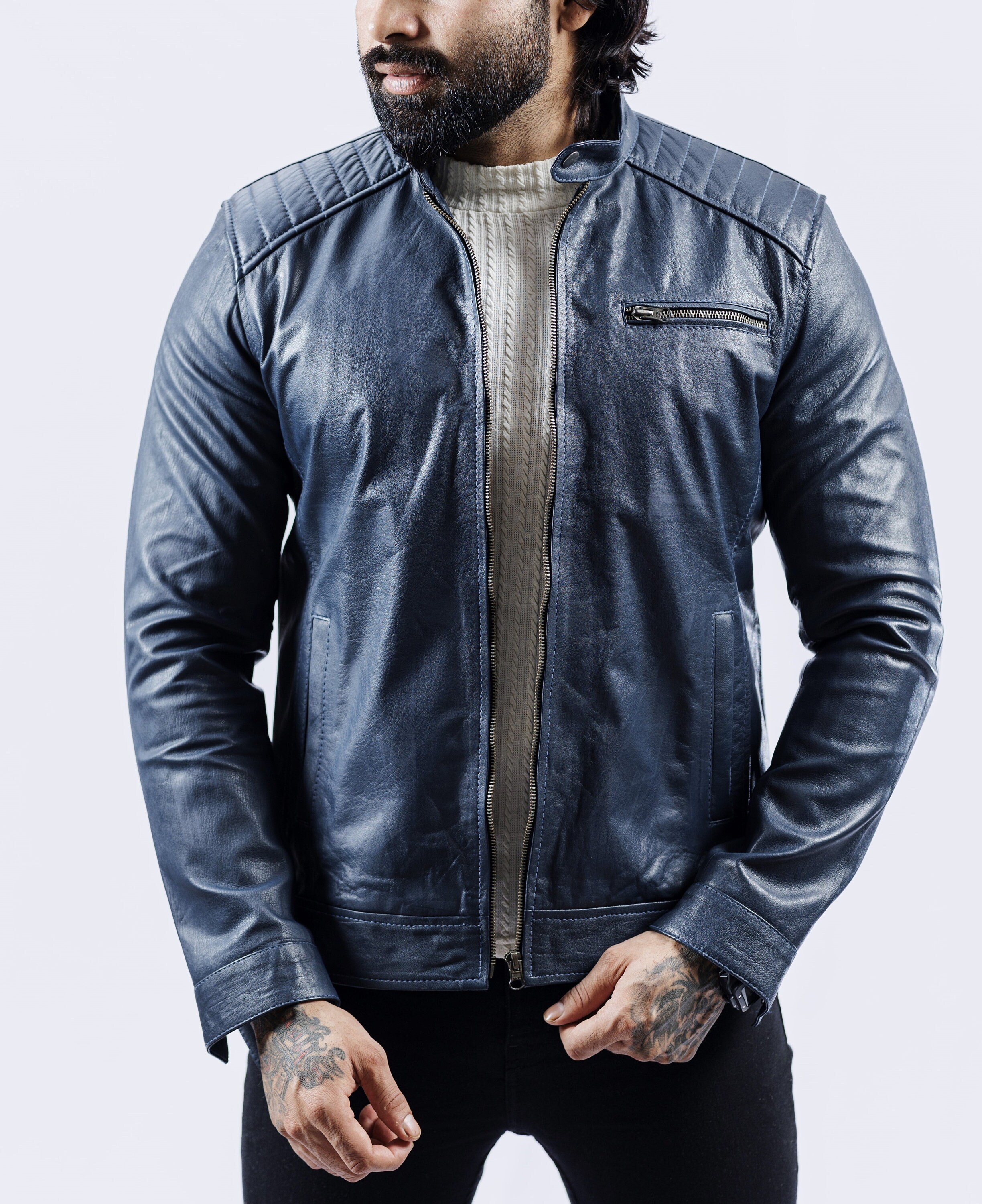Ribbed Biker: Men's Genuine Sheep Leather Deep Navy Jacket