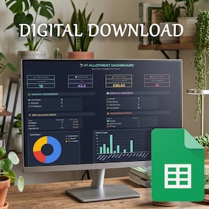 Puede incluir: Un monitor de computadora muestra un panel digital con visualizaciones de datos y el texto "4Y ALLOTMENT DASHBOARD". Un icono verde de Google Sheets está en primer plano. Las palabras "DIGITAL DOWNLOAD" están en la parte superior. Plantas en macetas rodean el monitor.