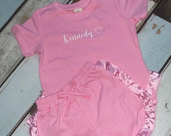 Mädchen Satin Frill Shorts & Tshirt set personalisierte Sommer-Set