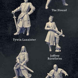 Può includere: Una collezione di statuette stampate in 3D della Casa Lannister, con personaggi come Jaime Lannister, Cersei Lannister e altri. L'immagine include il testo "HOUSE LANNISTER TIER" e "35 $".