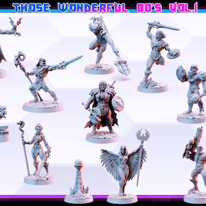 Puede incluir: Una colección de figuras en miniatura sin pintar, que incluyen guerreros, criaturas y personajes con armas y accesorios. Las figuras están en varias poses, algunas montando tigres, otras empuñando espadas y bastones. El texto "Those Wonderful 80's Vol. 1" está en la parte superior.